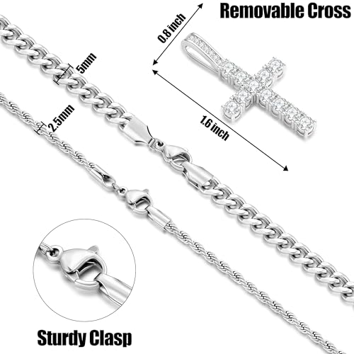 Fiusem Layered Cross Necklace for Men, Stainless Steel Cuban and Rope Chain - color: Silver, size: 16/18 inches