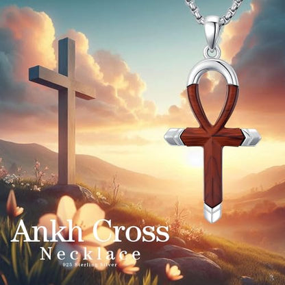 Cross Necklace for Men 925 Sterling Silver Cross Ebony Wooden Ankh Raven Praying Hands Crucifix Amulet Religious Jewelry Gifts for Men Women - color: Cross15