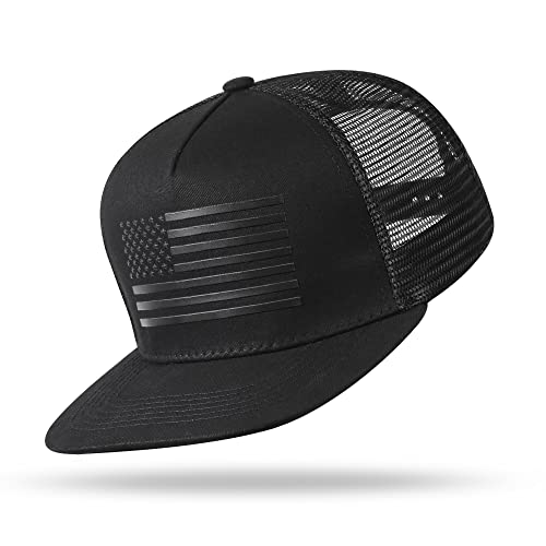 UALON Baseball Cap, Snapback Trucker Hat for Men & Women with American Flag and Adjustable, Breathable Mesh, Flat Bill Hats - color: Black/Black