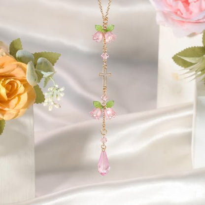 Cross Suncatcher Car Rearview Mirror Charm Pink Lily of Valley - color: Pink - Flower