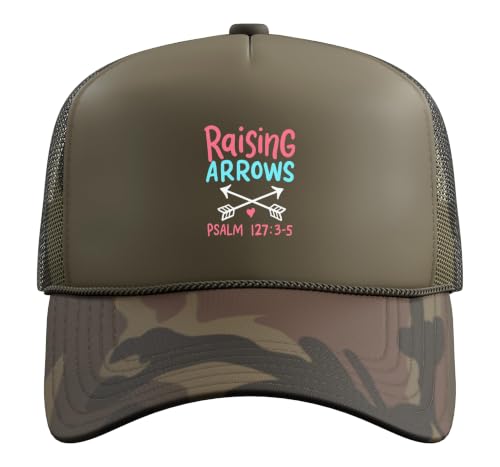 Raising Arrows - Christ Christian Psalm Bible Verses Trucker Hat with Adjustable Mesh Back - color: Camo Green