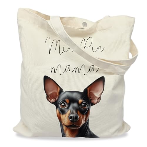 Dog Mom Canvas Tote Bag for Women, Reusable Cotton Shoulder Bag, Dog Lover Gift, Mother’s Day Pet Mom Shopping Tote - color: Min Pin