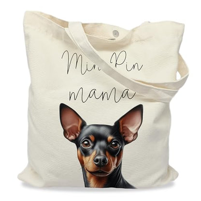 Dog Mom Canvas Tote Bag for Women, Reusable Cotton Shoulder Bag, Dog Lover Gift, Mother’s Day Pet Mom Shopping Tote - color: Min Pin