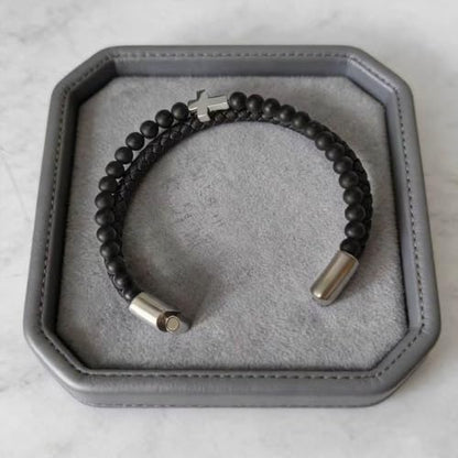 Kim Carrey Italian Handmade Leather Bracelets for Men - color: Silver Cross, size: 8.2"