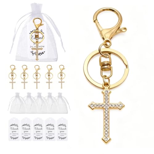 12 Pcs Christian Cross Keychains with Rhinestone-Religious Gifts - color: Golden