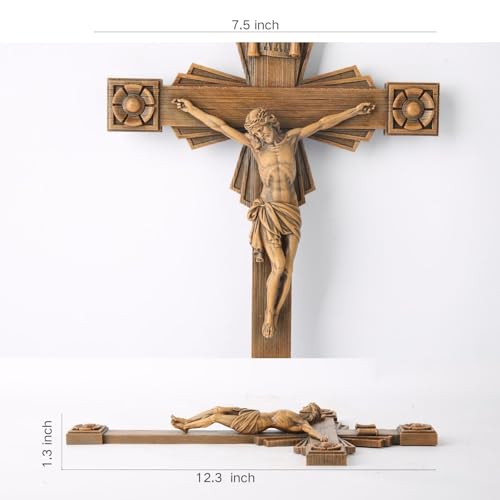 BC Catholic Crucifix Wall Cross, Jesus Christ Home Decor, Wood Carve Looking, 12"H, Hand Painted by Buildclassic - color: Wooden