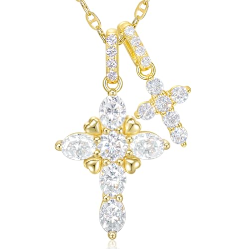 Moissanite Double Cross Necklace, Women Moissanite Diamond Cross Pendant - color: 14K Gold Vermeil(Iced Cross)
