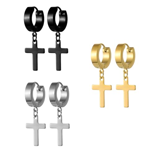 Cross Earrings Dangle Hinged Stainless Steel Hoop and Stud Fashion Ear Jewelry for Men Women - size: 3 Pair Wide