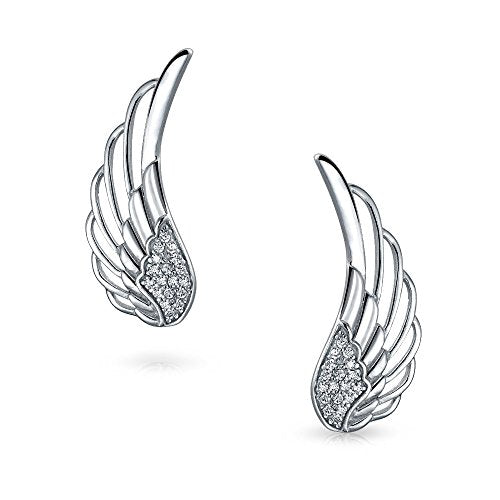 Guardian Angel Wing Ear Crawler Climber Earrings Pave CZ Sterling Silver