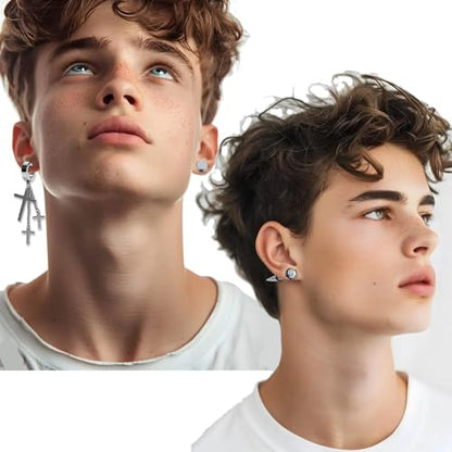 NEWITIN 24 Pairs Stainless Steel Earrings for Men Hypoallergenic Inlaid Cubic Zirconia Studs Hoop Earring Cross Dangle Earrings Unisex Punk Stud Earring for Women Men - color: Different Silver