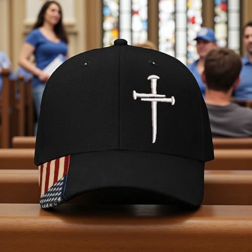 Christian Cross Baseball Cap, Religious Cross Design, Black Adjustable AM350 Flag Brim HAT Jesus Hat Choices Adjustable Hat and Free Decal.
