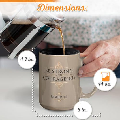 Christian Art Gifts Large Ceramic Coffee Scripture Mug for Men & Women - color: Tan & Black/Strong & Courageous