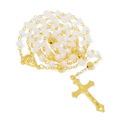 KOMI Crystal Rosary Beads with Jesus Crucifix, Catholic Necklace for Women First Communion Rosarios Wedding Rosary with Velvet Bag - style: 6MM-white