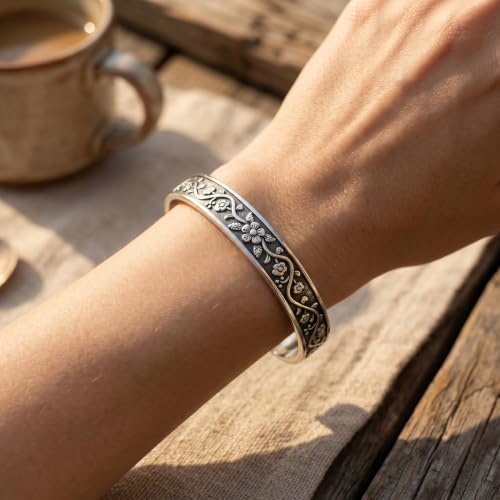 Stainless Steel Vintage Floral Open Cuff Bracelet for Women