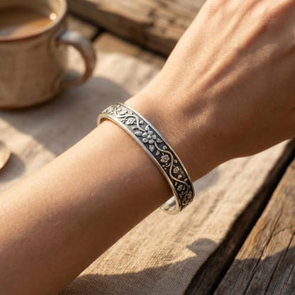 Stainless Steel Vintage Floral Open Cuff Bracelet for Women