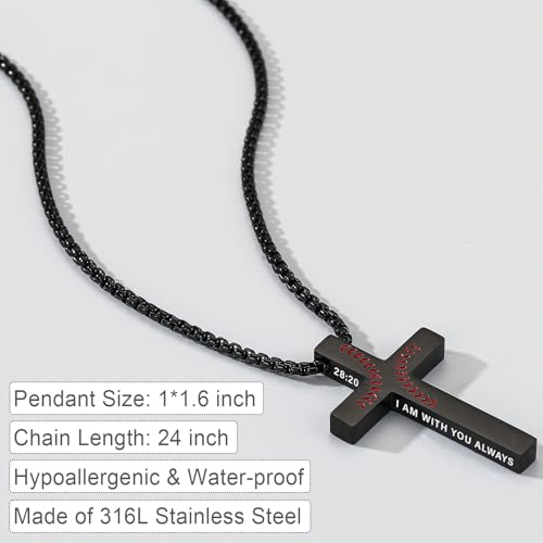 Baseball Bible Verse Cross Necklace for Boys Men, Stainless Steel Cross Pendant Baseball Game Day Christian Religious Jewelry Gifts for Teen Boys Kids - color: Black, style: MATTHEW 28:20