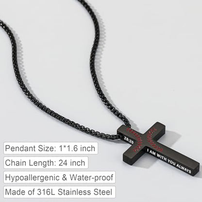 Baseball Bible Verse Cross Necklace for Boys Men, Stainless Steel Cross Pendant Baseball Game Day Christian Religious Jewelry Gifts for Teen Boys Kids - color: Black, style: MATTHEW 28:20