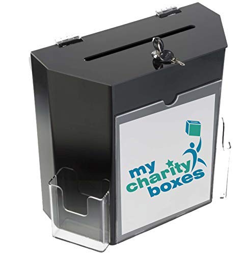 MCB Donation Collection Office Suggestion Acrylic Ballot Box 9 x 8 inch with Display area of 8 x 3.75 inch comes with 2 business card size pockets and lock with set of keys (Black) - color: Black