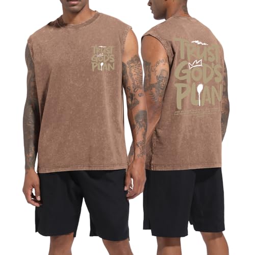 BINTEHGS Mens Sleeveless Graphic Tees Christian Tank Tops Workout Cut Off Shirt Acid Wash Gym Tanks Religious Faith Tee - color: Coffee, size: X-Large