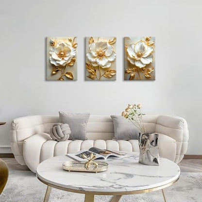 WENGTIAO Modern White Floral Golden Leaves Canvas Wall Art Set 16x24 x3Pcs - color: Flower-golden leaf, size: 16"x24"x3Pcs