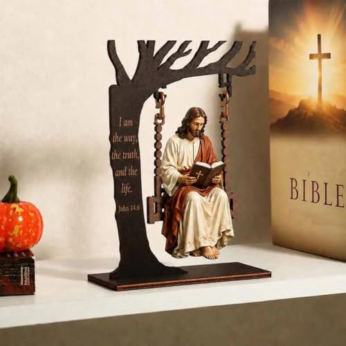 John 14:6 Faith Table Decor, Jesus Swinging on Tree Statue with Bible Verse, Christian Desk Decor Religious Gifts for Men Women, Home Office Desktop Decoration(1Pcs) - color: 1pcs