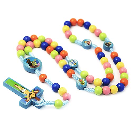 COLORFUL BLING Natural Wooden Catholic Rosaries Wood Crucifix Prayer Beads Pendant Necklace Prayer Jesus Religious Cross Rosary Necklace Handmade Jewelry - color: colorful