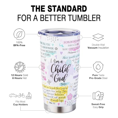 Christian Gifts for Women - Jesus Mug Tumbler for Mom Teen Girls Friend, Religious Gift for Mothers Day Birthday Baptism Christmas, Insulated Coffee Cup with Bible Verse - I Am a Child of God, 20oz - color: Faith