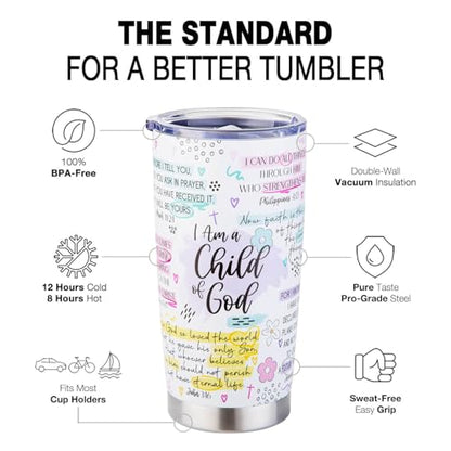 Christian Gifts for Women - Jesus Mug Tumbler for Mom Teen Girls Friend, Religious Gift for Mothers Day Birthday Baptism Christmas, Insulated Coffee Cup with Bible Verse - I Am a Child of God, 20oz - color: Faith