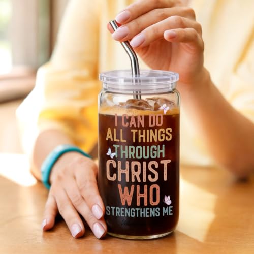 Christian Gifts for Women 16 oz Glass Cups with Lids and Straws, Inspirational Bible Verse Iced Coffee Cup Tumbler for Daily Use, Mothersday Baptism Birthday Religious Gifts for Church Friends