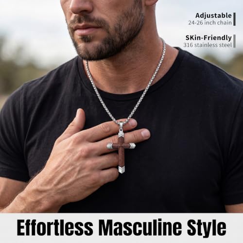 Wooden Cross Necklace for Men with Stainless Steel Adjustable Chain 24-26in, Christian Wood Crucifix Pendant Gift for Him - style: Bubinga