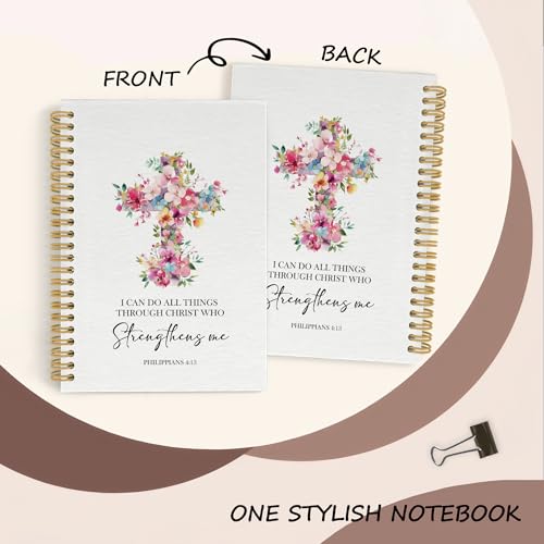 Floral Christian Spiral Notebook Journal, I Can Do All Things Through Christ Bible Notebooks for Note Taking, Christian Gifts for Women, Bible Hardcover Spiral Journal 5.5x8.3 Inches Writing Pads - color: Cross