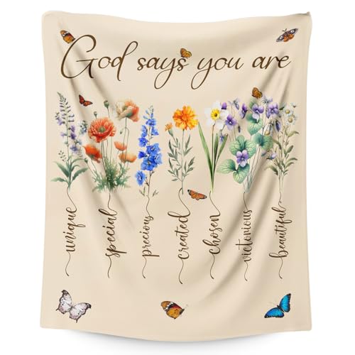 Christian Blanket with Floral for Women Girls, 60x80 Inches Warm Cozy Flower Flannel Throw for Sofa Couch Bed Napping God Says You are Blankets Religious Gifts - color: Light Beige, size: 80"x60"