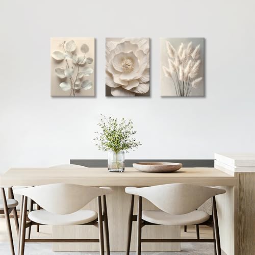 WENGTIAO 3Pcs Beige Floral Botanical Frame Canvas Wall Art 12"x16"x3 - color: Flower-White botanical, size: 12"x16"x3Pcs