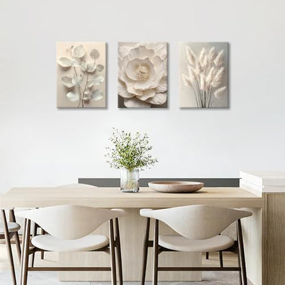 WENGTIAO 3Pcs Beige Floral Botanical Frame Canvas Wall Art 12"x16"x3 - color: Flower-White botanical, size: 12"x16"x3Pcs