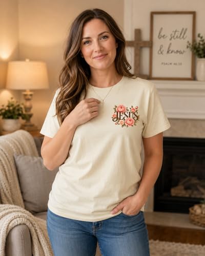 Christian Shirt for Women Floral Cross Shirt I Am Not Alone Jesus Faith Tee - color: Creamy Yellow, size: Medium