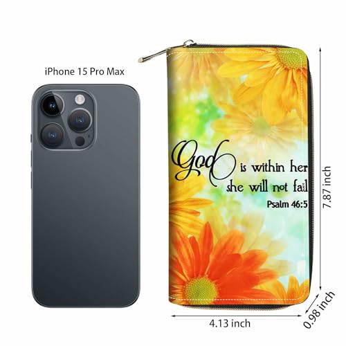 Daisy Floral Quote Bible Verses Psalm 46:5 Print Wallet for Women Large Capacity Wallet Credit Card Holder PU Leather Zipper Clutch Purse Phone Wallet - color: Daisy Floral Quote Bible Verses Psalm 46:5