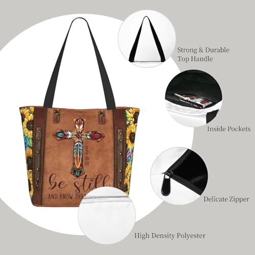 Bible Tote Bags for Women Christian Tote Bag Church Shoulder Bag Inspirational Bags With Zipper Christian Gift - color: Be Still and Know That I Am God