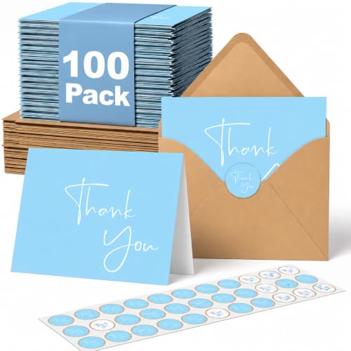 XXINMOH 100 Pack Thank You Cards With Envelopes Bulk Set & Stickers - 4x6 inch Blank Thank You Notes Bulk Box Set - Large Note Card Small Business, Wedding, Baby Shower & Bridal Shower - Light Blue - color: Blue
