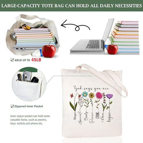 Andeiltech Canvas Christian Tote Bags Bible Canvas Bag Faith-Inspired Graphic Book Tote for Church Christian Birthday Gifts - color: God Says You Are