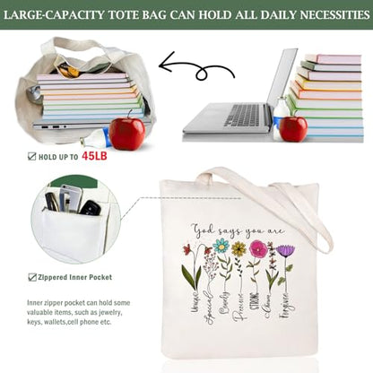 Andeiltech Canvas Christian Tote Bags Bible Canvas Bag Faith-Inspired Graphic Book Tote for Church Christian Birthday Gifts - color: God Says You Are