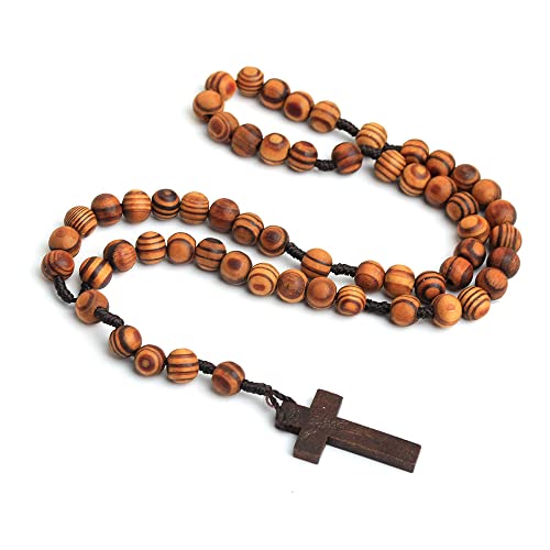 COLORFUL BLING Classic Natural Wood Beads Cross Pendant Necklace for Men Women Religious Rosary Jewelry Handmade Prayer Accessories - color: S2 dark
