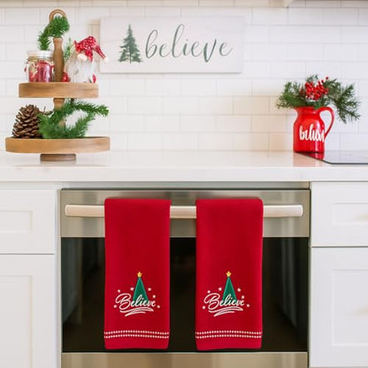Christmas Red Guest Hand Bathroom Towels, Elegant Believe XMas Tree, 16x26" - color: Red