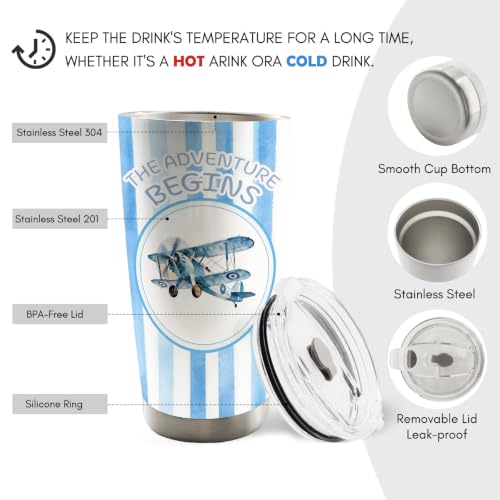 Blue Striped Airplane Kids 20oz Travel Coffee Mug Tumbler - color: begins