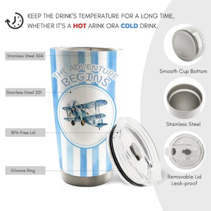 Blue Striped Airplane Kids 20oz Travel Coffee Mug Tumbler - color: begins