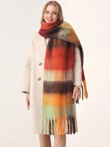 HOTIAN Women's Large Scarf Colorful Chunky Plaid Scarves Soft Winter Thick Tassel Warm Wrap Shawl - color: Tangerine (Falling Leaves)