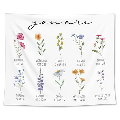 EGBTL Floral Christian Tapestry, Christian Wall Tapestry for Girls Room, Religious Inspirational You Are Bible Verses Tapestries Wall Hanging Decor for Home Church Prayer Room, 50x60 Inches