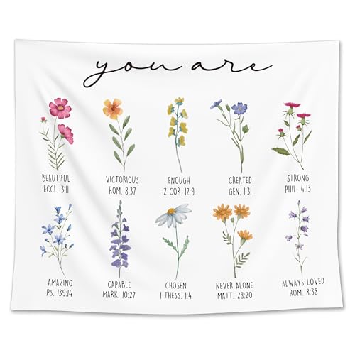 EGBTL Floral Christian Tapestry, Christian Wall Tapestry for Girls Room, Religious Inspirational You Are Bible Verses Tapestries Wall Hanging Decor for Home Church Prayer Room, 50x60 Inches