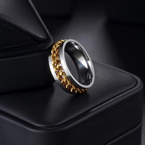 Mens Fidget Rings Anxiety Ring for Men 6mm 8mm Chain Spinner Ring Size 5-14 - color: Silver Gold