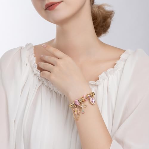 A&K Collections Mothers Day 18K Gold Beads Easter Basket Stuffers Bangle with Rhinestones Pandora Style Trendy Cross Heart Charm Luxury Adjustable Bracelet for Women Teen Girl Gifts Trendy Stuff Religious Jewelry - color: 18K GOLD/Pink Charms