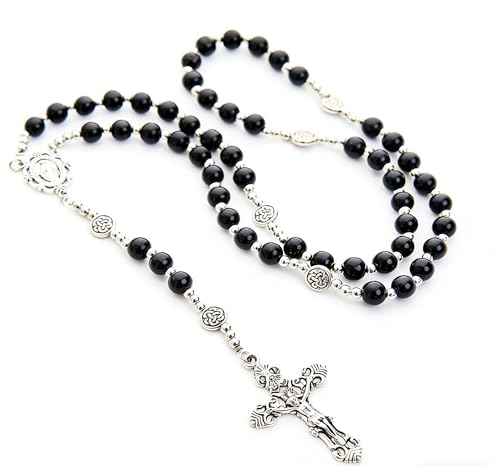 8mm Purple Pearl Beads Catholic Rosary Glass Beaded Acrylic String Necklace White Ceramics Bead Rosary Miraculous Medal Crucifix Cross Gift for Women Girls - color: Black